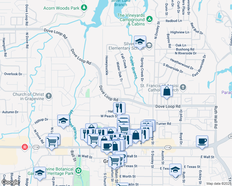 map of restaurants, bars, coffee shops, grocery stores, and more near 805 North Main Street in Grapevine