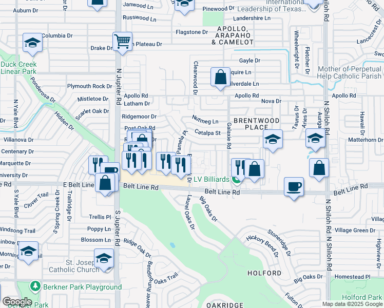 map of restaurants, bars, coffee shops, grocery stores, and more near 3174 Pebblebrook Drive in Garland
