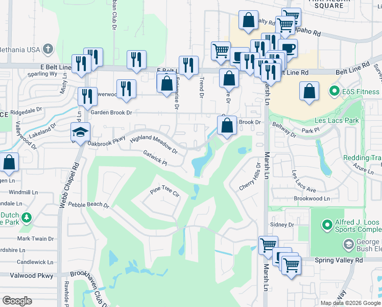 map of restaurants, bars, coffee shops, grocery stores, and more near 3436 Gatwick Place in Farmers Branch