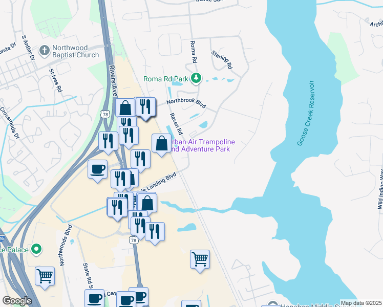 map of restaurants, bars, coffee shops, grocery stores, and more near 1700 Eagle Landing Boulevard in Hanahan