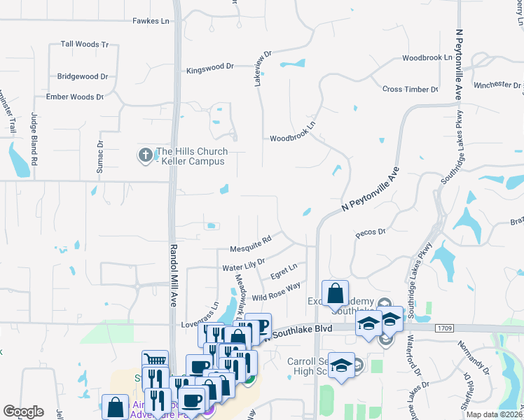 map of restaurants, bars, coffee shops, grocery stores, and more near 411 Osprey Court in Southlake