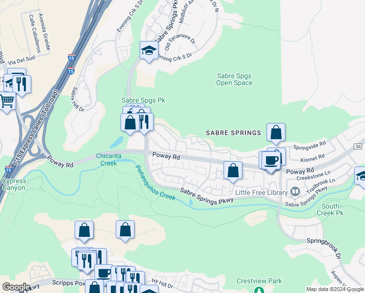 map of restaurants, bars, coffee shops, grocery stores, and more near 12625 Fiorenza Lane in San Diego