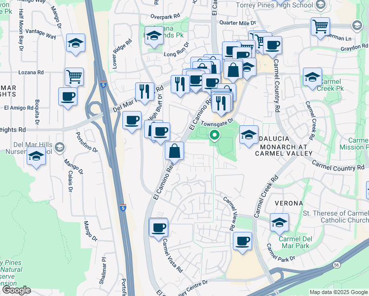 map of restaurants, bars, coffee shops, grocery stores, and more near 12637 El Camino Real in San Diego