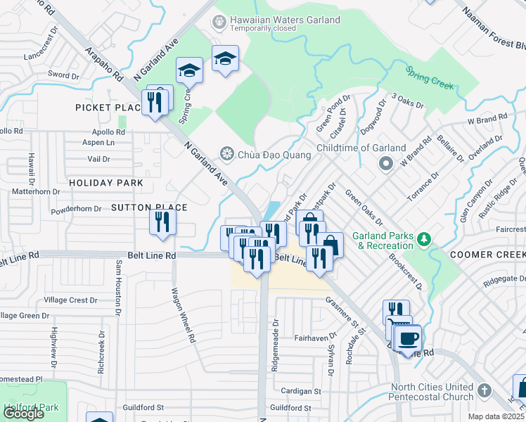map of restaurants, bars, coffee shops, grocery stores, and more near 3232 North Garland Avenue in Garland