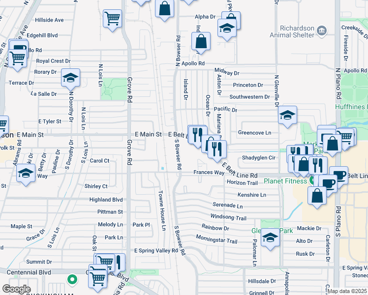 map of restaurants, bars, coffee shops, grocery stores, and more near 104 South Bowser Road in Richardson
