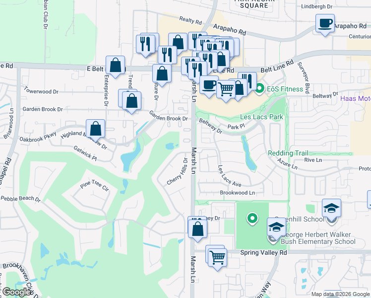 map of restaurants, bars, coffee shops, grocery stores, and more near 14743 Tanglewood Drive in Farmers Branch