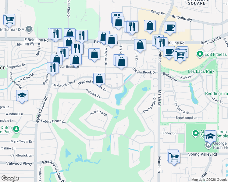 map of restaurants, bars, coffee shops, grocery stores, and more near 3436 Gatwick Place in Farmers Branch