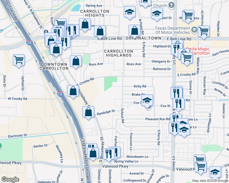 map of restaurants, bars, coffee shops, grocery stores, and more near 1618 Kirby Road in Carrollton