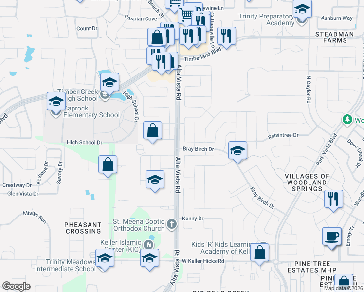 map of restaurants, bars, coffee shops, grocery stores, and more near 12101 Angelfood Lane in Fort Worth