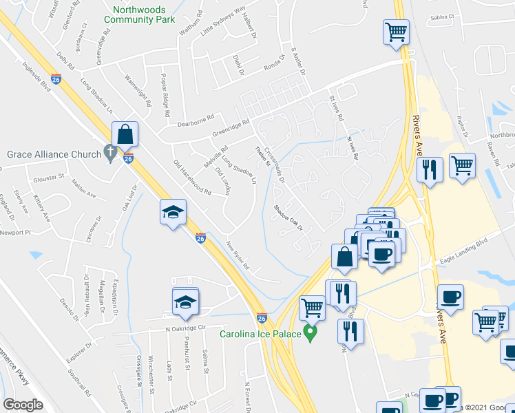 map of restaurants, bars, coffee shops, grocery stores, and more near 7899 Long Shadow Lane in North Charleston