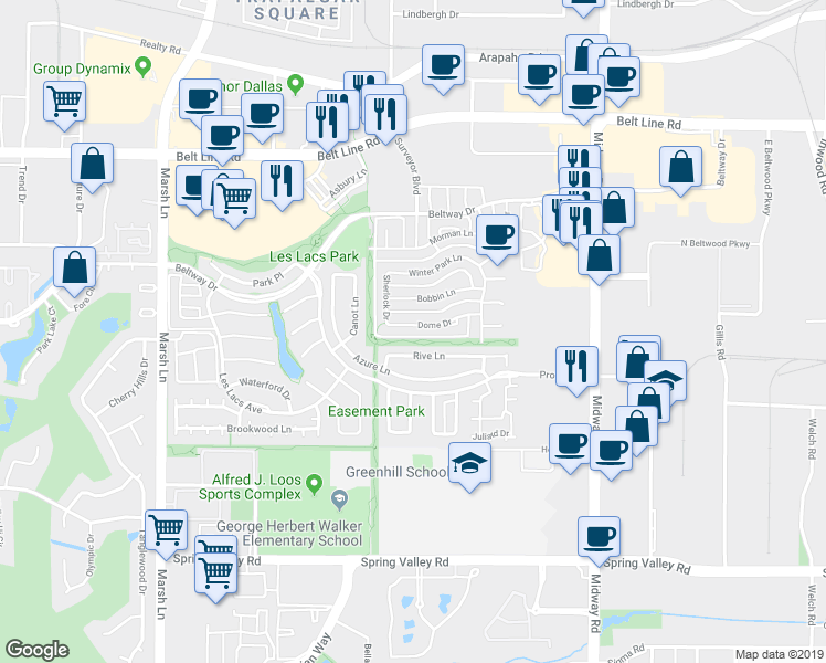 map of restaurants, bars, coffee shops, grocery stores, and more near 3920 Dome Drive in Addison