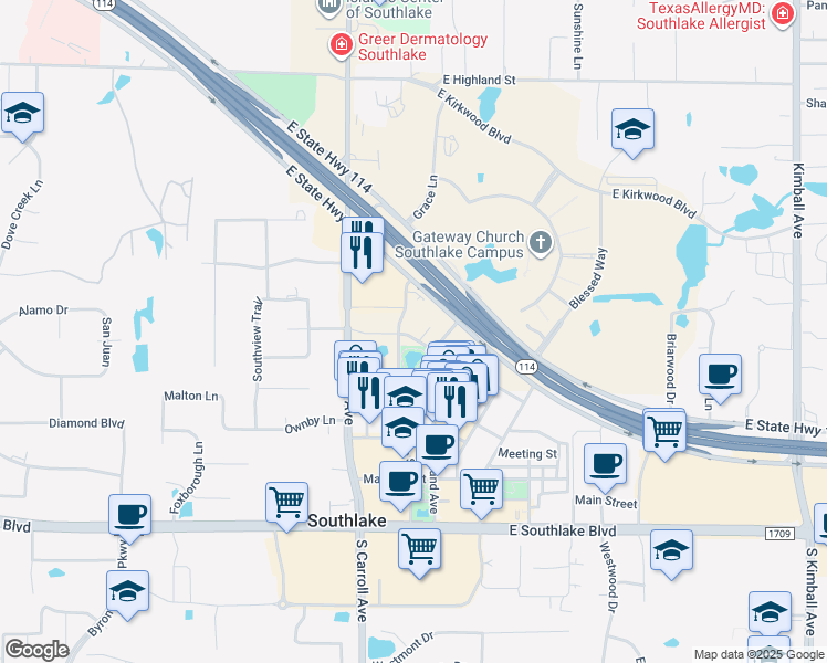 map of restaurants, bars, coffee shops, grocery stores, and more near 601 State Street in Southlake