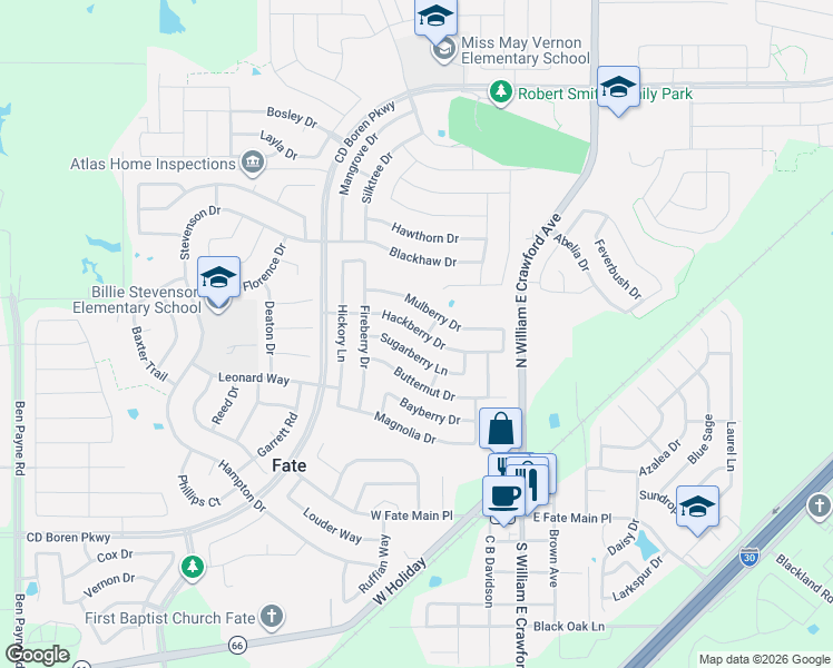 map of restaurants, bars, coffee shops, grocery stores, and more near 423 Hackberry Drive in Rockwall