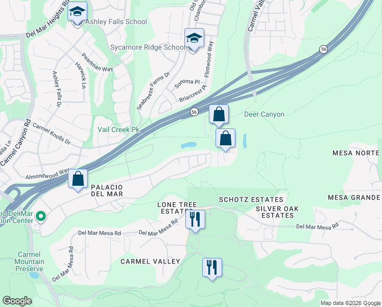 map of restaurants, bars, coffee shops, grocery stores, and more near 5514 Caminito Exquisito in San Diego