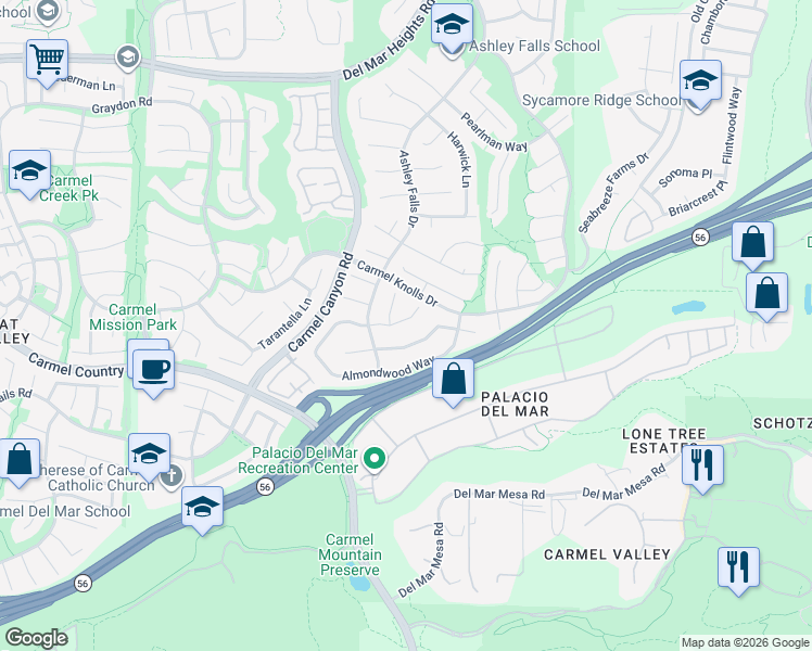 map of restaurants, bars, coffee shops, grocery stores, and more near 4967 Riding Ridge Road in San Diego
