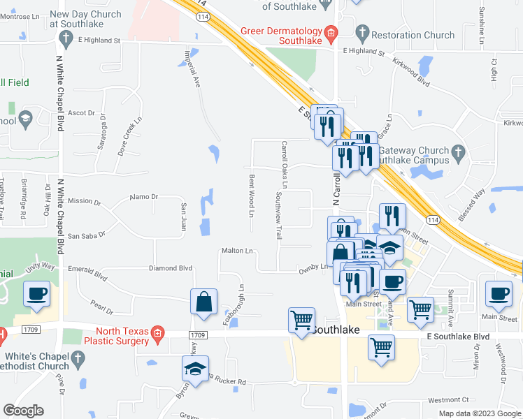 map of restaurants, bars, coffee shops, grocery stores, and more near 625 Bentwood Lane in Southlake