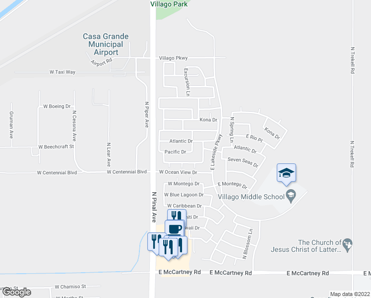 map of restaurants, bars, coffee shops, grocery stores, and more near 204 Pacific Drive in Casa Grande