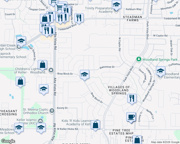 map of restaurants, bars, coffee shops, grocery stores, and more near 12032 Vienna Apple Road in Fort Worth