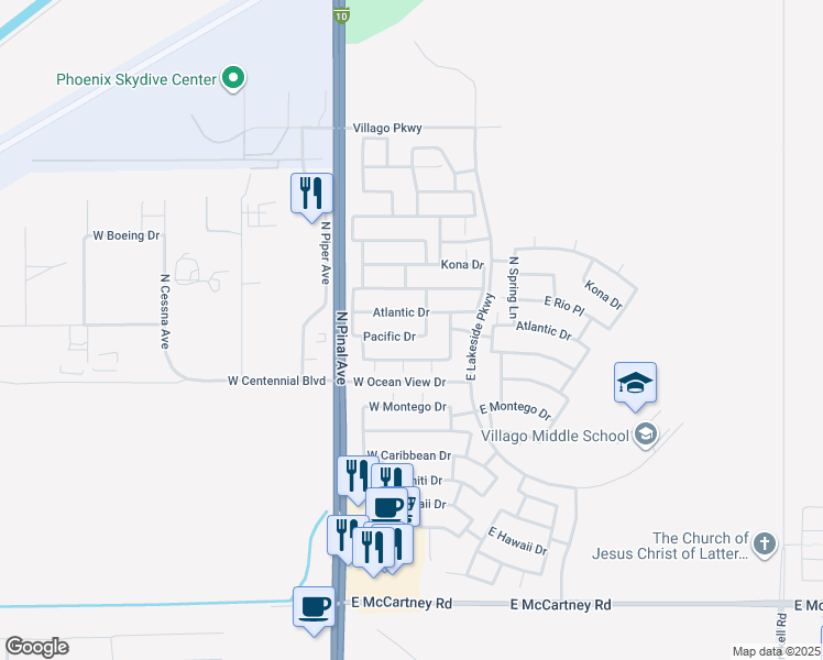 map of restaurants, bars, coffee shops, grocery stores, and more near 204 Pacific Drive in Casa Grande