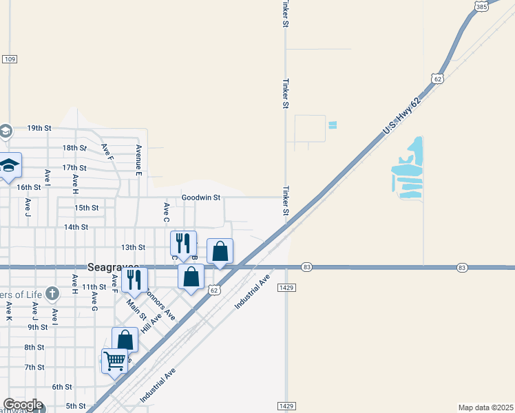 map of restaurants, bars, coffee shops, grocery stores, and more near 1304 Tinker Street in Seagraves