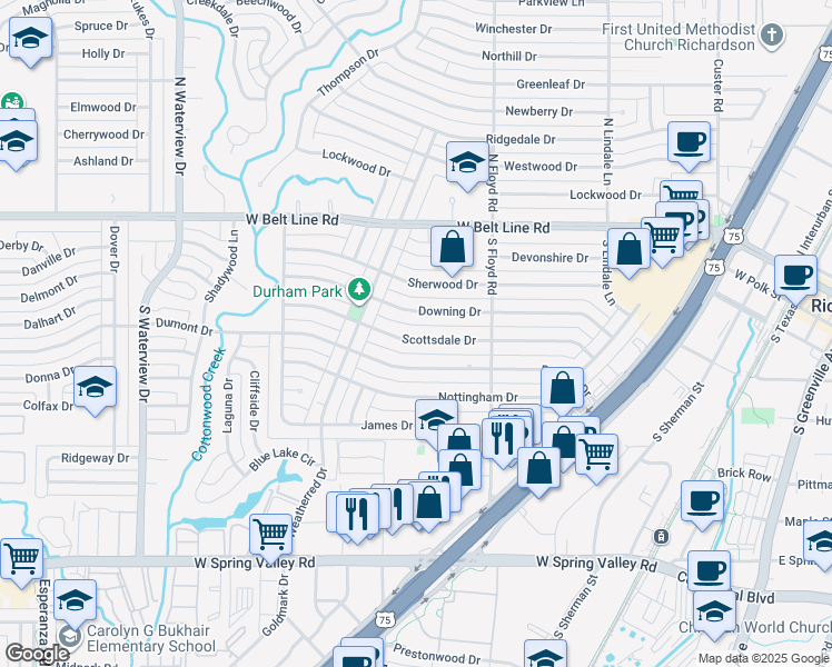 map of restaurants, bars, coffee shops, grocery stores, and more near 726 Scottsdale Drive in Richardson