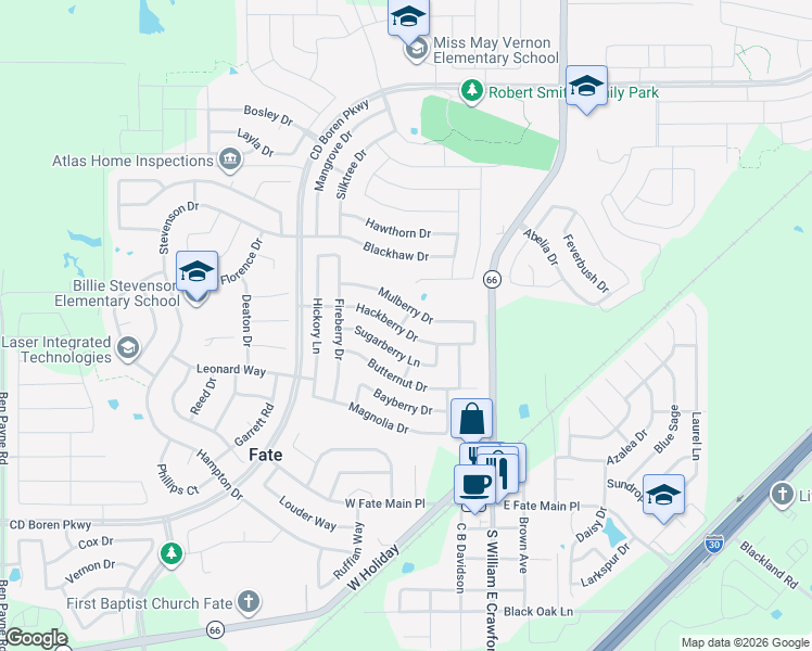 map of restaurants, bars, coffee shops, grocery stores, and more near 423 Hackberry Drive in Rockwall