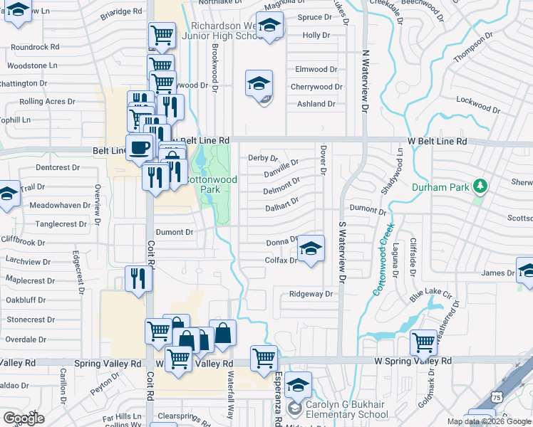 map of restaurants, bars, coffee shops, grocery stores, and more near 1243 Dalhart Drive in Richardson