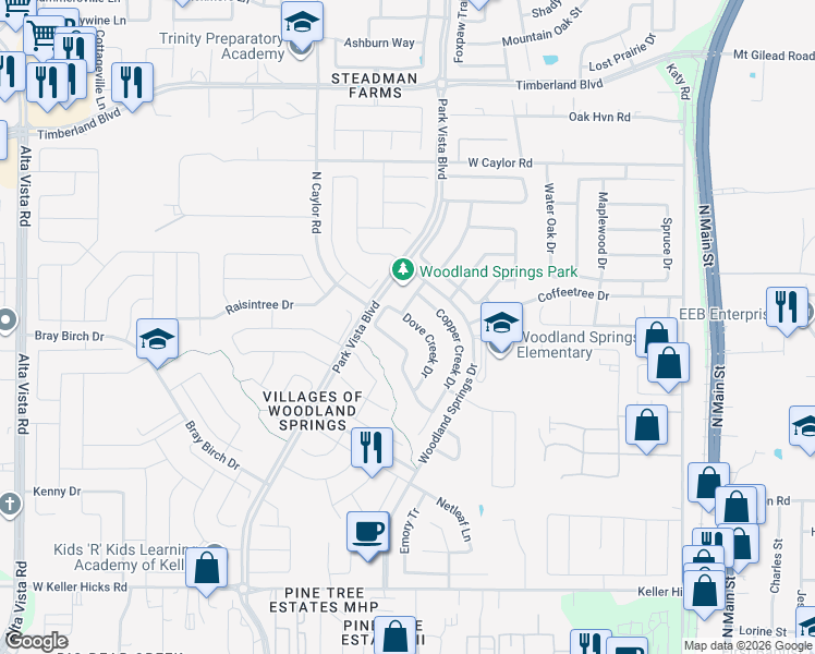 map of restaurants, bars, coffee shops, grocery stores, and more near 5216 Dove Creek Dr in Fort Worth