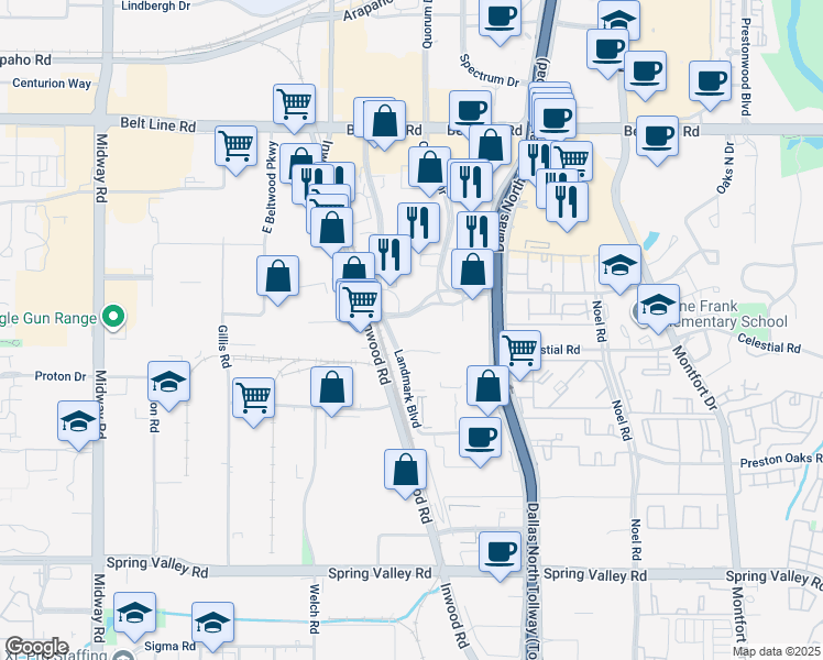 map of restaurants, bars, coffee shops, grocery stores, and more near 4970 Landmark Place in Dallas