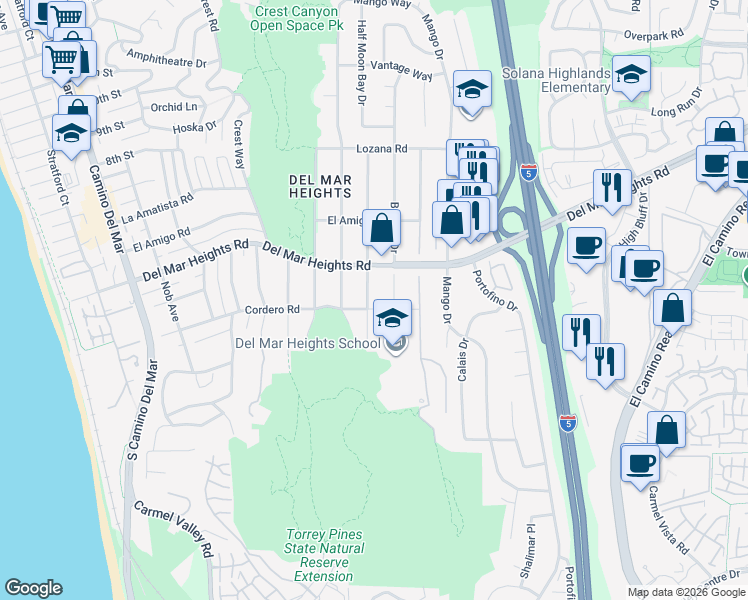 map of restaurants, bars, coffee shops, grocery stores, and more near 13711 Mercado Drive in Del Mar