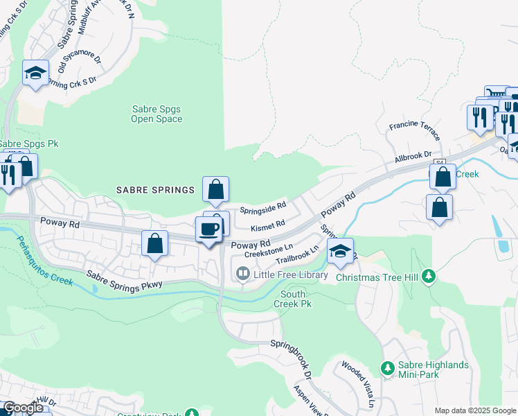 map of restaurants, bars, coffee shops, grocery stores, and more near 11654 Springside Road in San Diego