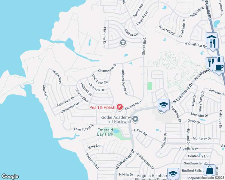 map of restaurants, bars, coffee shops, grocery stores, and more near 1450 Clubhill Drive in Rockwall