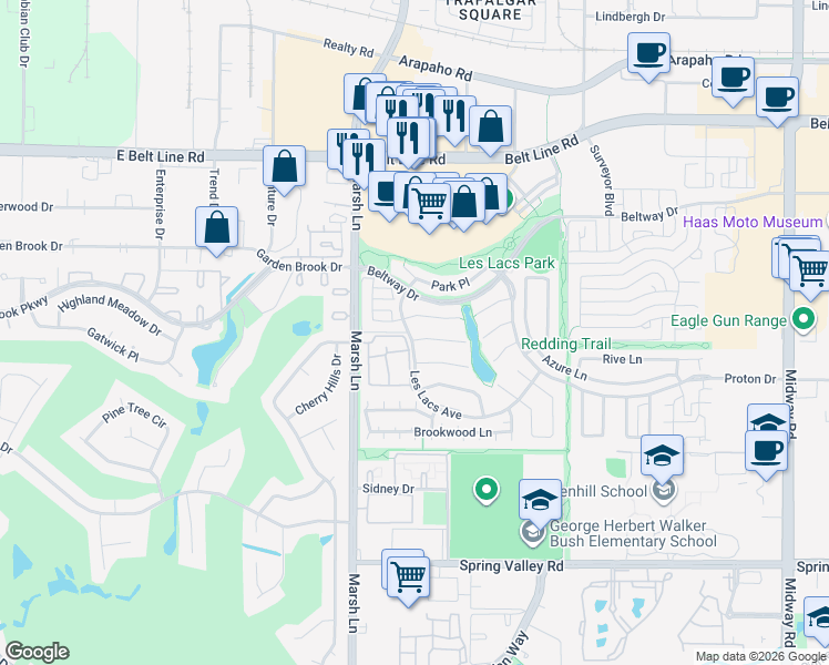 map of restaurants, bars, coffee shops, grocery stores, and more near 3761 Lakeway Court in Addison