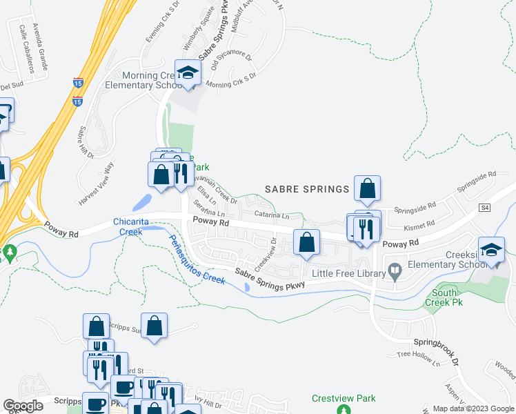 map of restaurants, bars, coffee shops, grocery stores, and more near 12680 Creekview Drive in San Diego