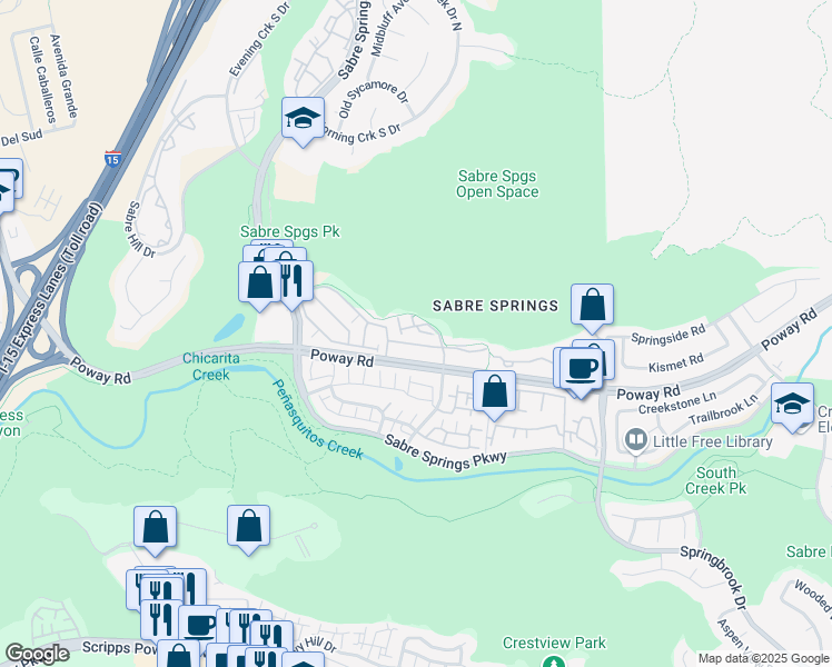 map of restaurants, bars, coffee shops, grocery stores, and more near 12698 Creekview Drive in San Diego