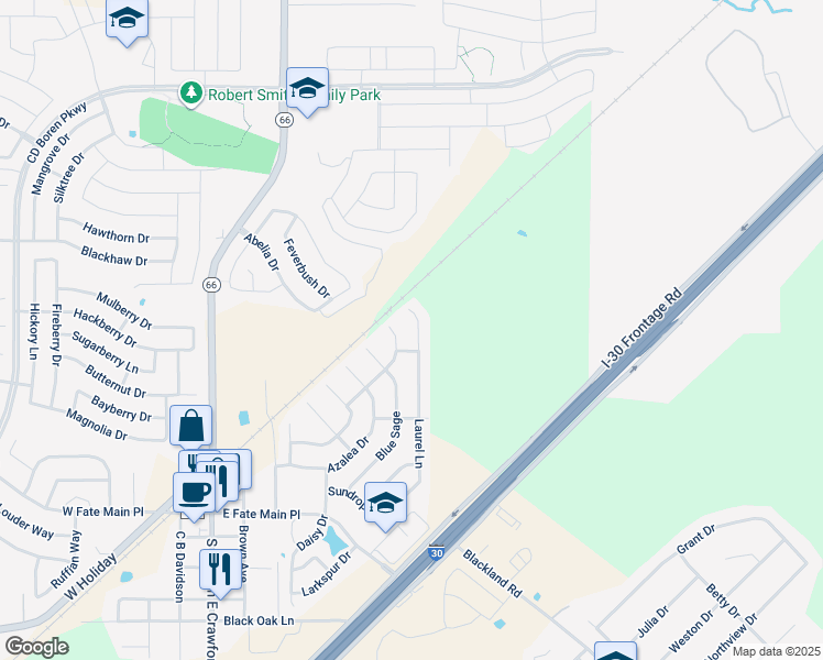 map of restaurants, bars, coffee shops, grocery stores, and more near 405 Laurel Lane in Royse City