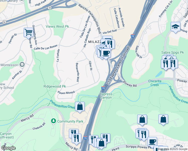 map of restaurants, bars, coffee shops, grocery stores, and more near 12651 Cijon Street in San Diego