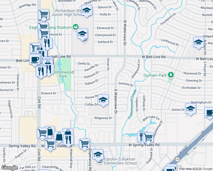 map of restaurants, bars, coffee shops, grocery stores, and more near 500 Dover Drive in Richardson