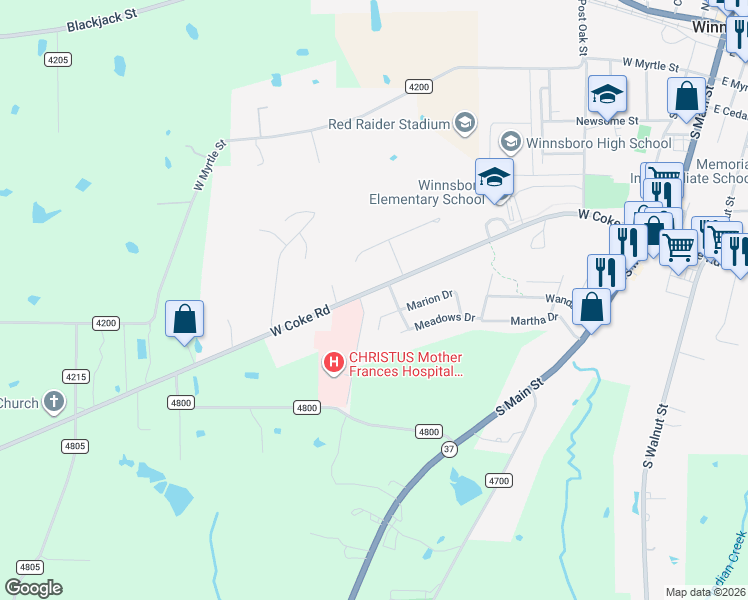 map of restaurants, bars, coffee shops, grocery stores, and more near 703 West Coke Road in Winnsboro