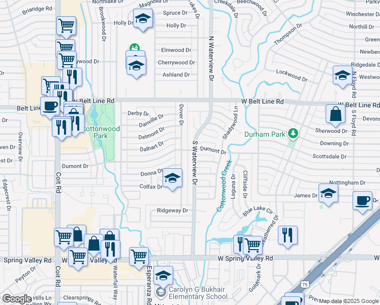 map of restaurants, bars, coffee shops, grocery stores, and more near 500 South Waterview Drive in Richardson