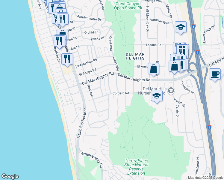 map of restaurants, bars, coffee shops, grocery stores, and more near 13709 Pine Needles Drive in Del Mar