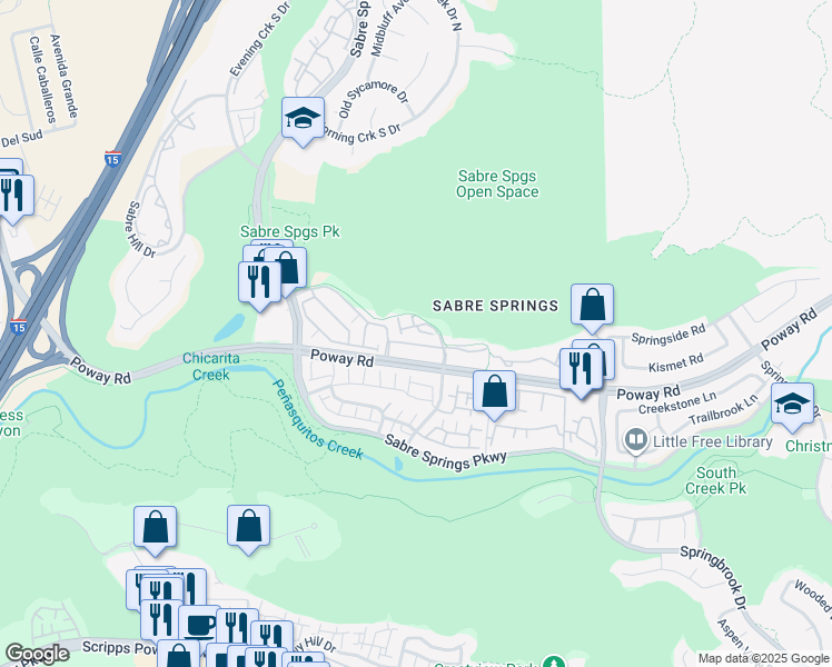 map of restaurants, bars, coffee shops, grocery stores, and more near 12680 Creekview Drive in San Diego