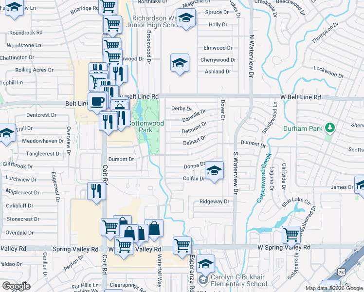 map of restaurants, bars, coffee shops, grocery stores, and more near 1243 Dalhart Drive in Richardson