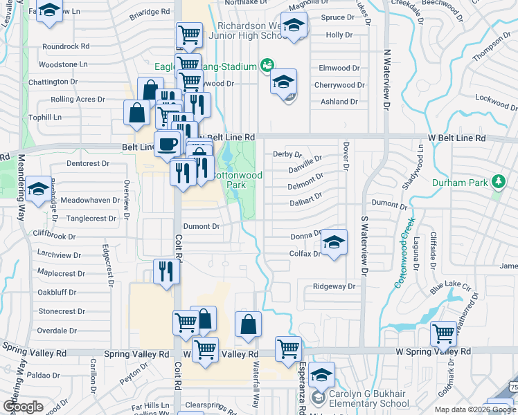 map of restaurants, bars, coffee shops, grocery stores, and more near 501 Dublin Drive in Richardson