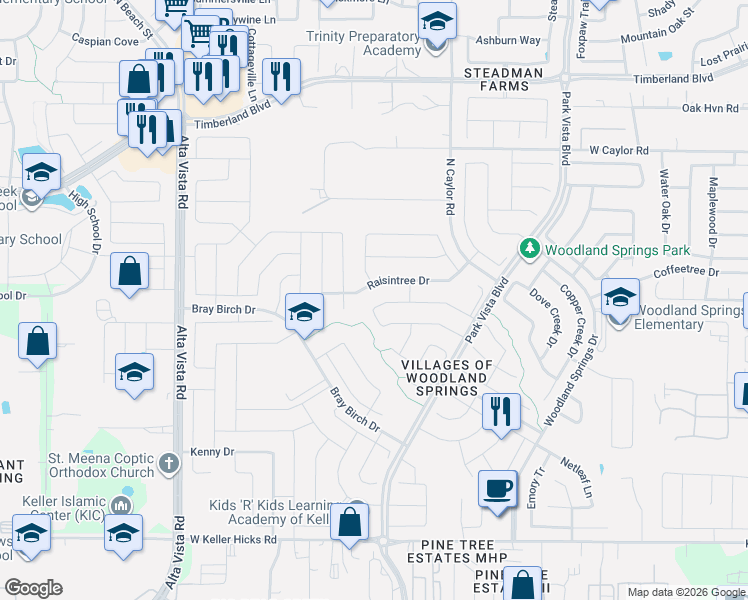 map of restaurants, bars, coffee shops, grocery stores, and more near 5020 Raisintree Drive in Fort Worth