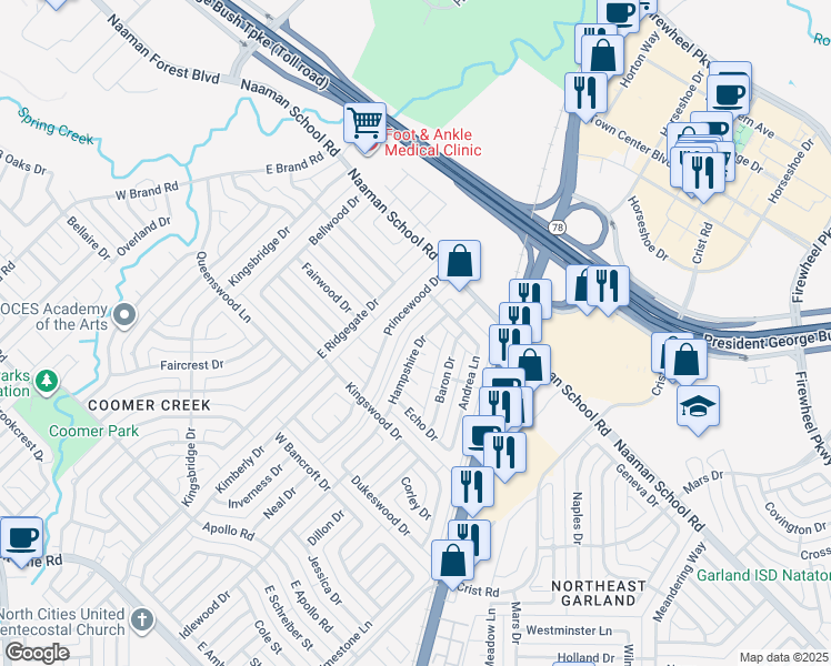 map of restaurants, bars, coffee shops, grocery stores, and more near 2917 Hampshire Drive in Garland