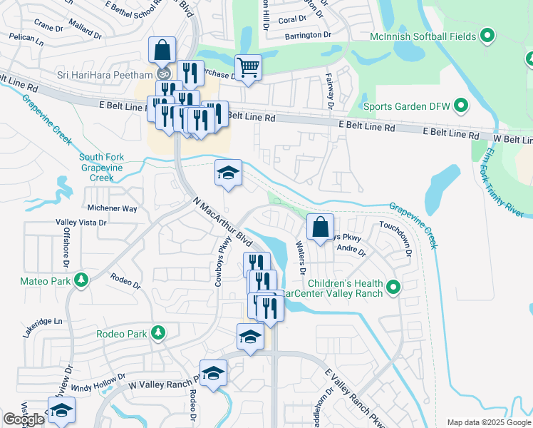 map of restaurants, bars, coffee shops, grocery stores, and more near 507 Lilly Court in Irving