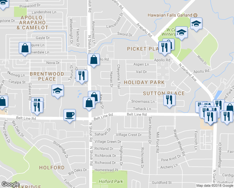 map of restaurants, bars, coffee shops, grocery stores, and more near 3305 Cheyenne Trail in Garland