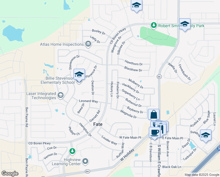 map of restaurants, bars, coffee shops, grocery stores, and more near 549 Hickory Lane in Rockwall