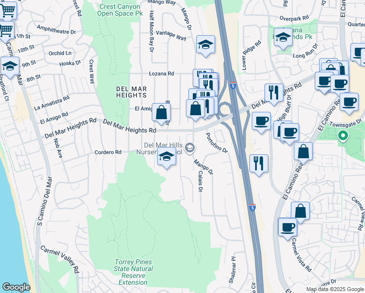 map of restaurants, bars, coffee shops, grocery stores, and more near 13731 Mira Montana Drive in Del Mar